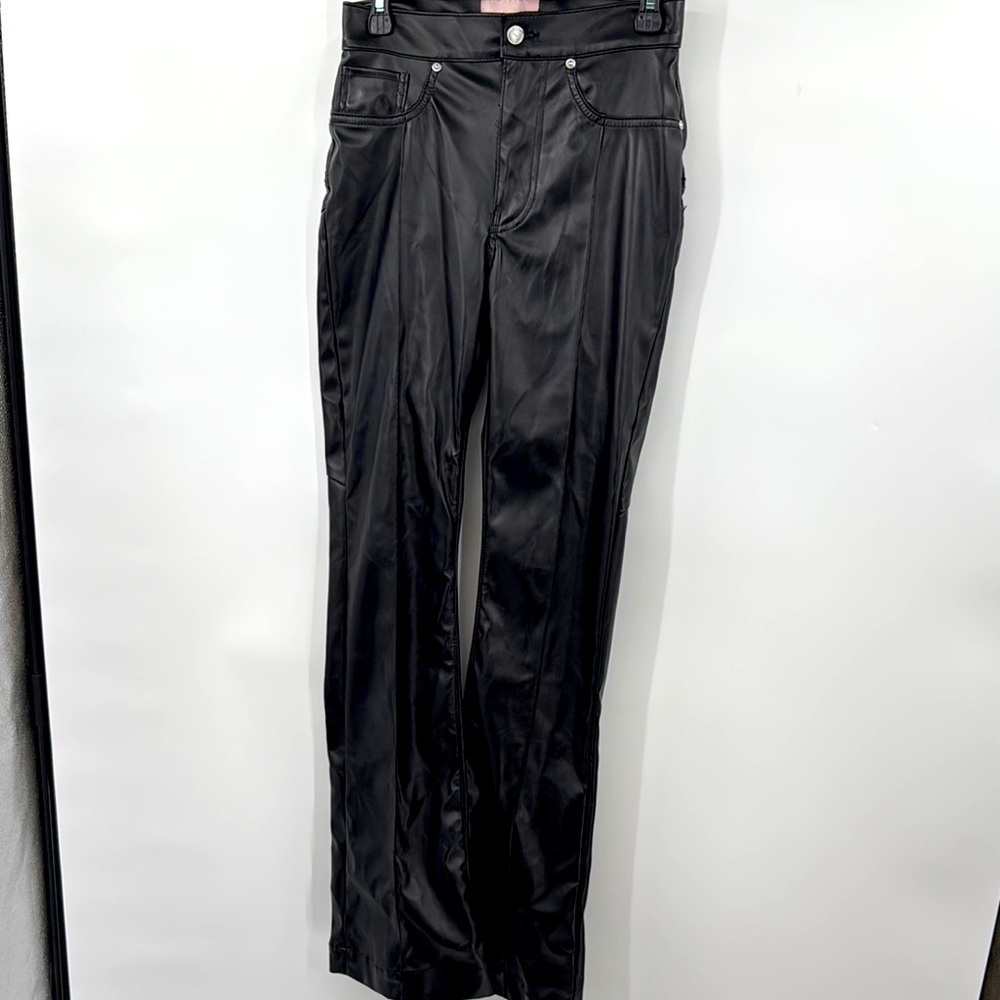 REVICE Black Flare Pants Faux Black Leather Size 28 x 33 High Waist Super Nova